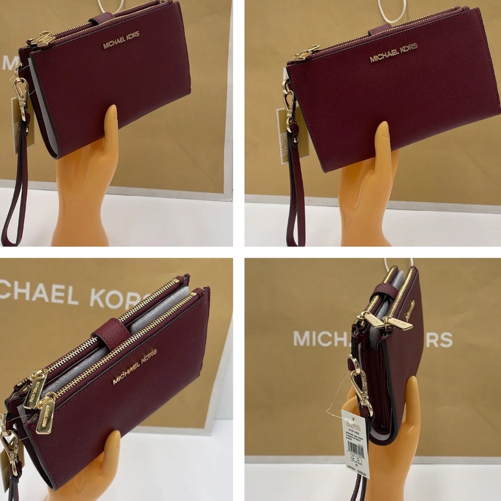 MICHAEL KORS LG DOUBLE ZIP WRISTLET DARK CHERRY MERLOT MULBERRY PHONE CASE NWT - Picture 14 of 16